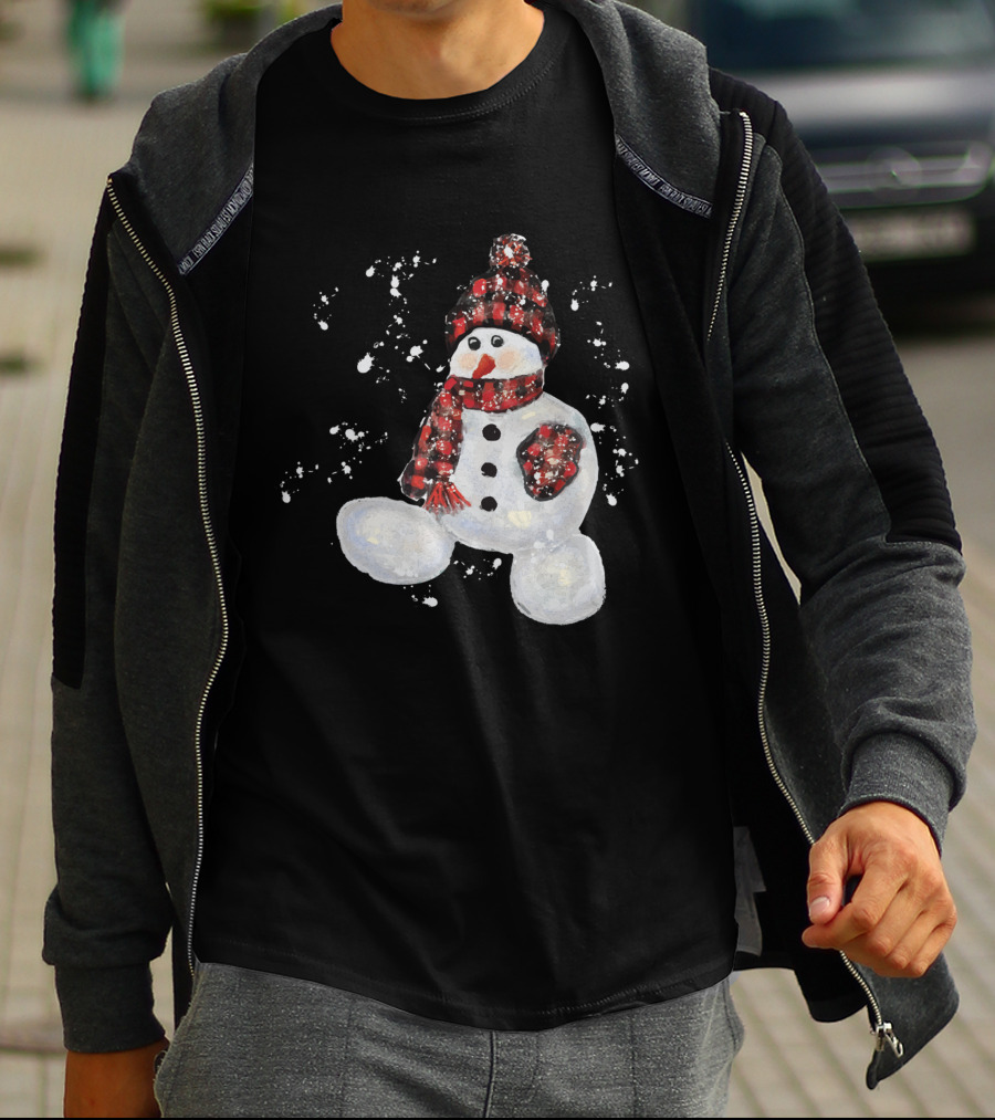 Watercolor Snowman Buffalo Plaid Hat And Scarf With Snowflakes T-Shirt