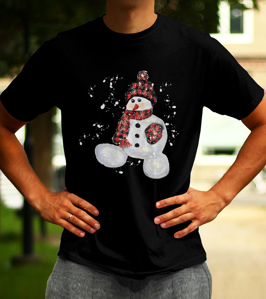 Watercolor Snowman Buffalo Plaid Hat And Scarf With Snowflakes T-Shirt