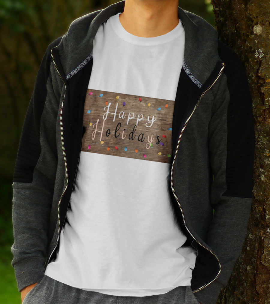 Happy Holidays Christmas Light Rustic Wood Background With Colorful Bulbs T-Shirt