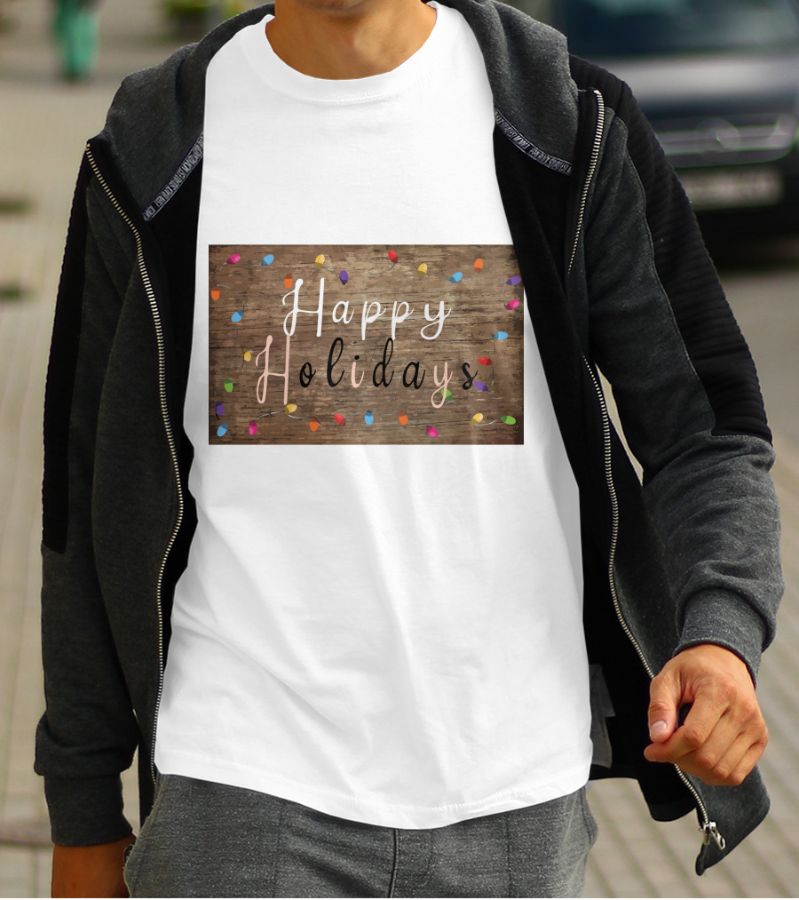 Happy Holidays Christmas Light Rustic Wood Background With Colorful Bulbs T-Shirt