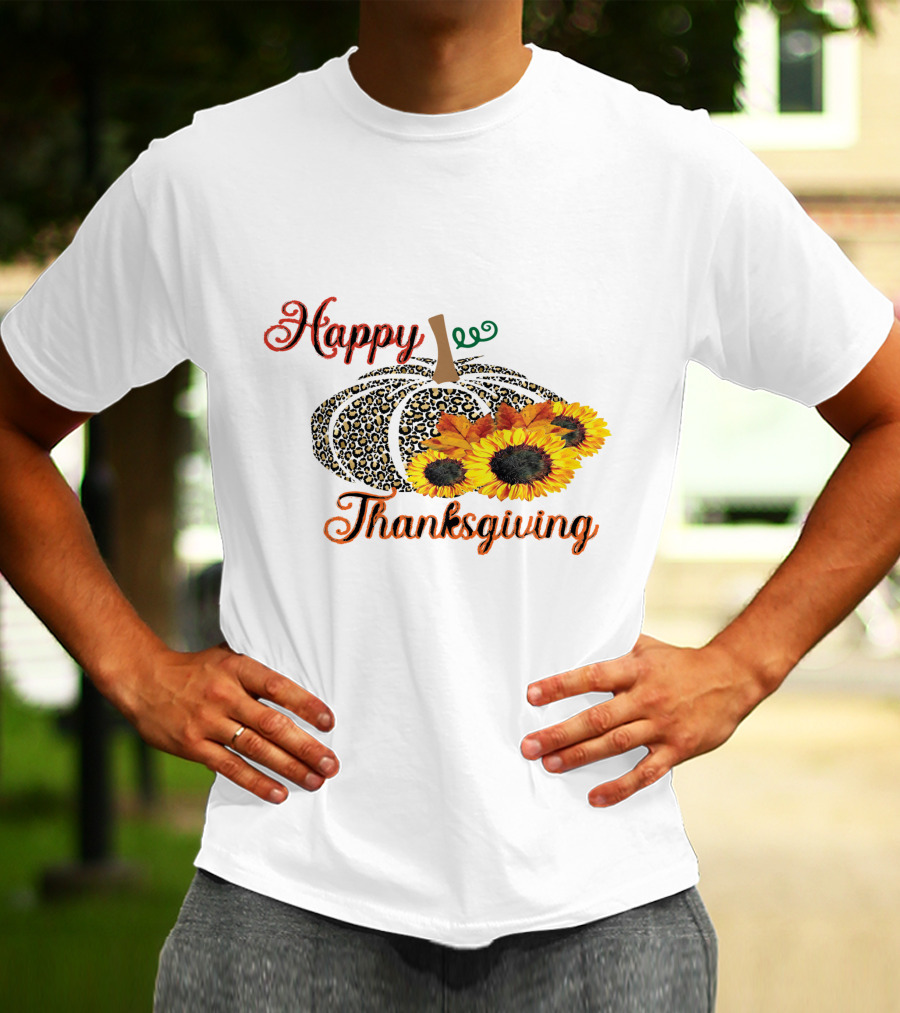 Happy Thanksgiving Leopard Print Pumpkin Sunflowers T-Shirt