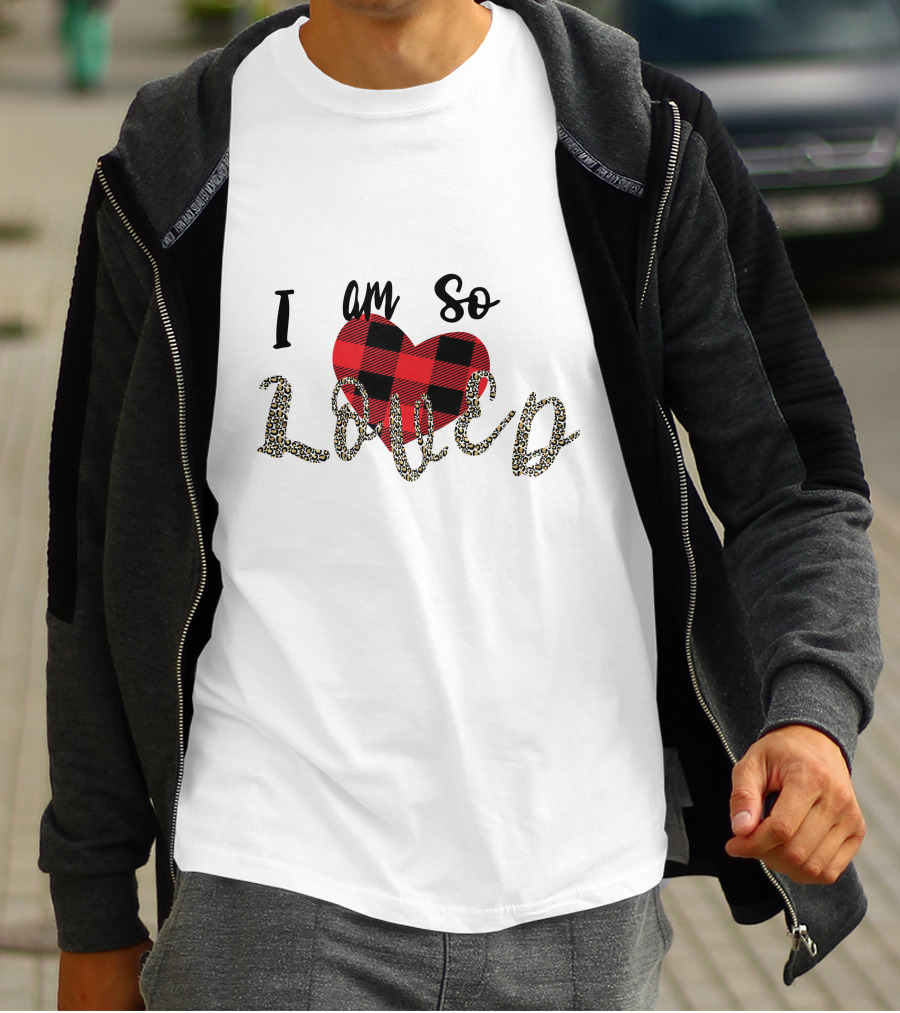 I Am So Loved Valentines Day Buffalo Plaid Heart Leopard Print T-Shirt