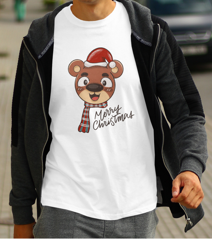 Merry Christmas Bear Wearing Santa Hat And Scarf T-Shirt