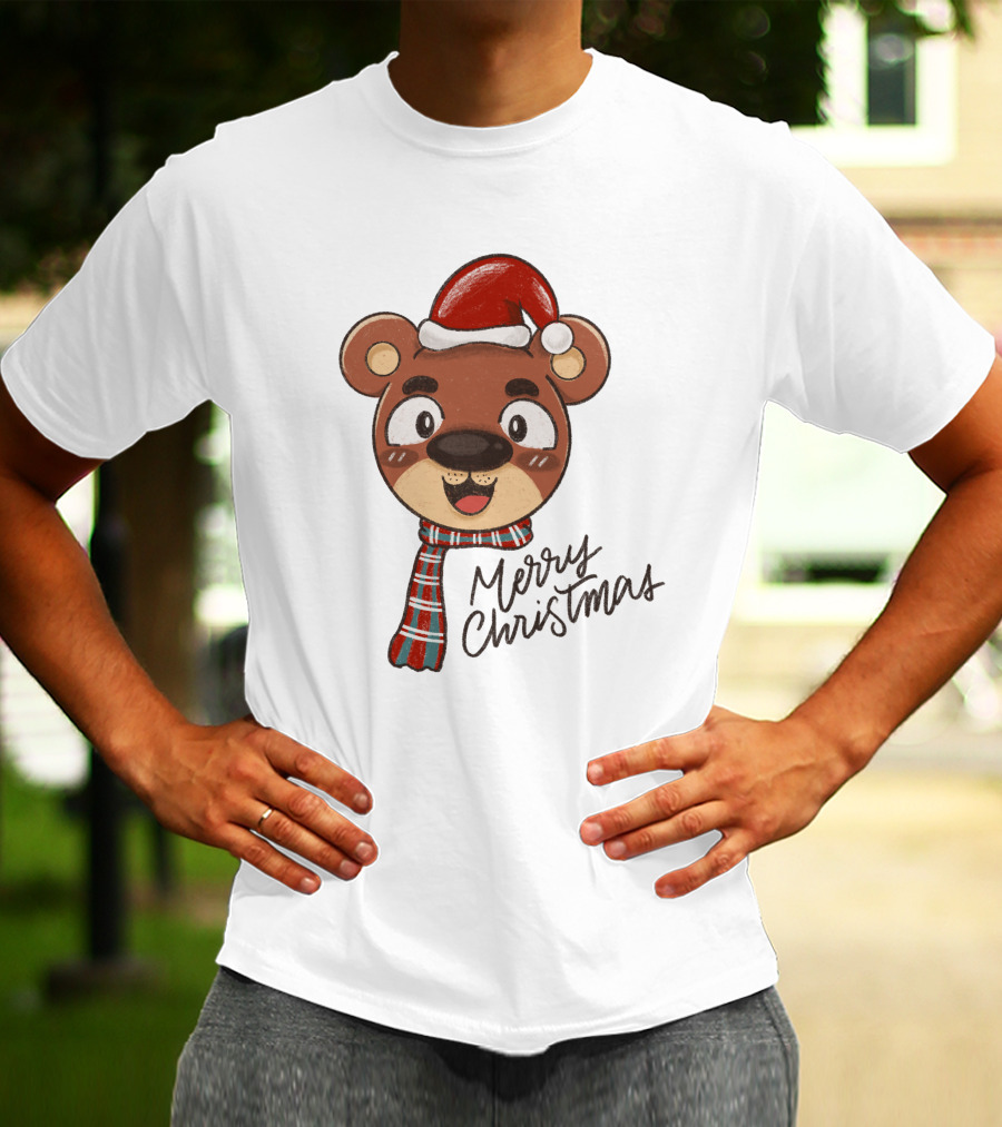 Merry Christmas Bear Wearing Santa Hat And Scarf T-Shirt