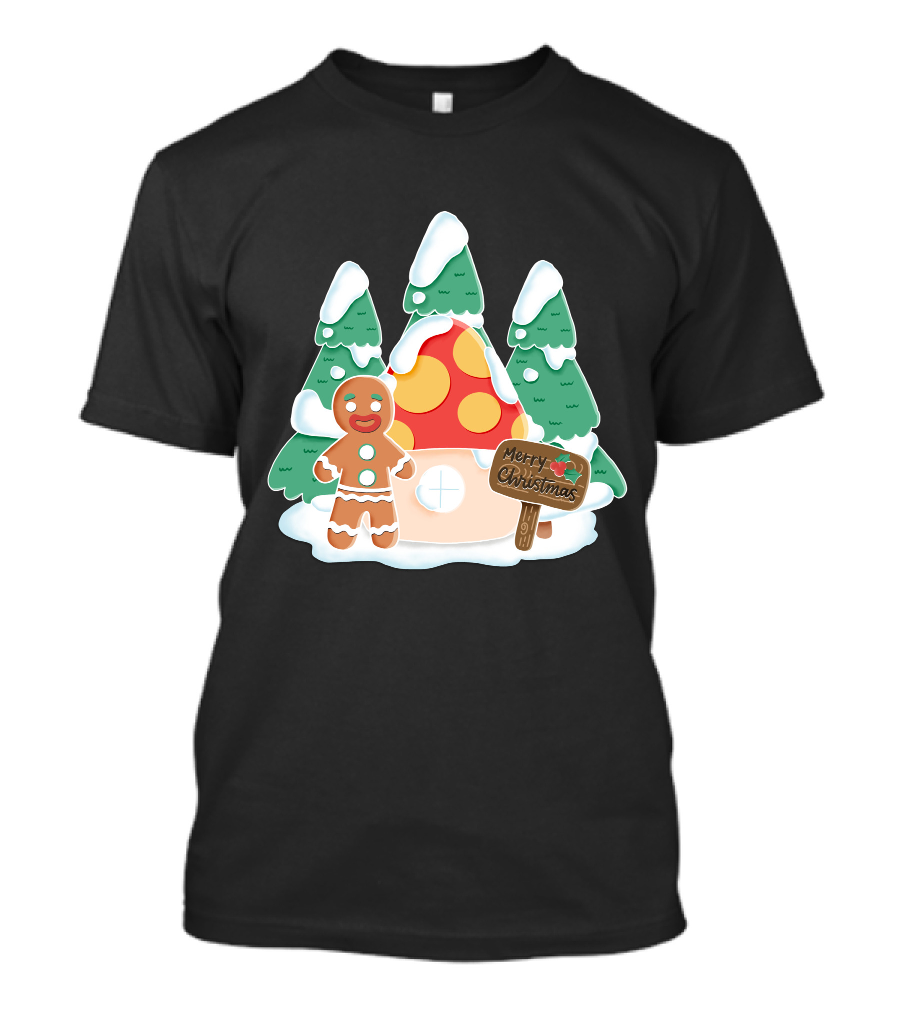 Merry Christmas Gingerman House With Snowy Trees And Mushroom Roof T-Shirt