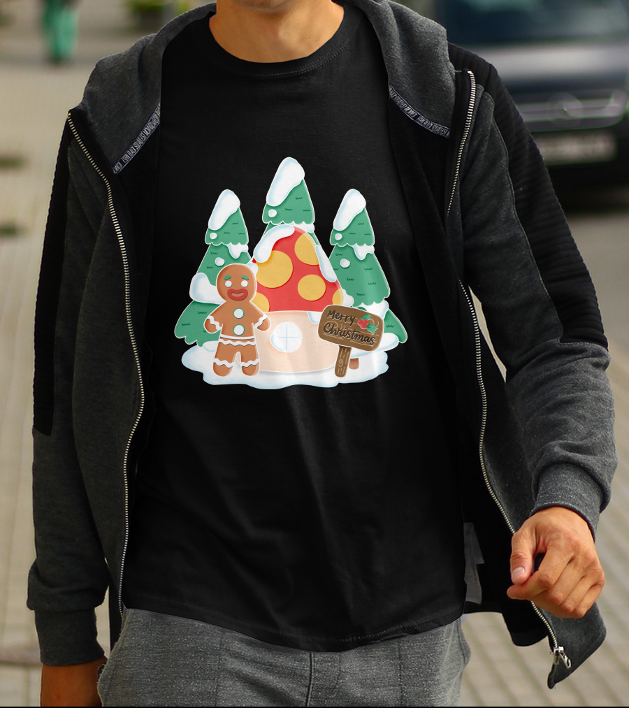 Merry Christmas Gingerman House With Snowy Trees And Mushroom Roof T-Shirt