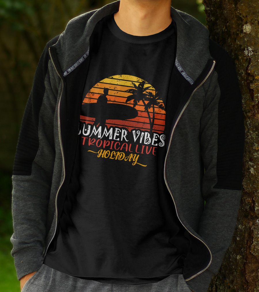 Summer Vibes Tropical Live Holiday Surfer Sunset Palms T-Shirt
