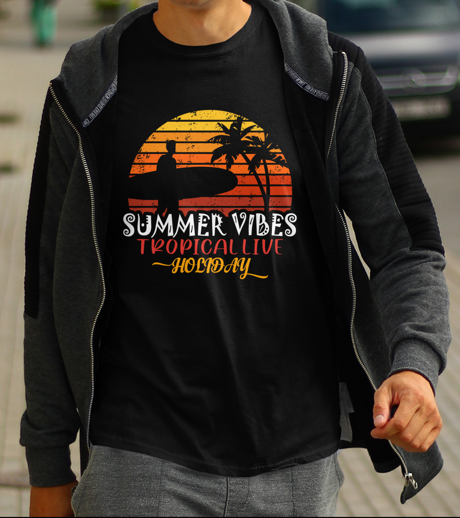 Summer Vibes Tropical Live Holiday Surfer Sunset Palms T-Shirt