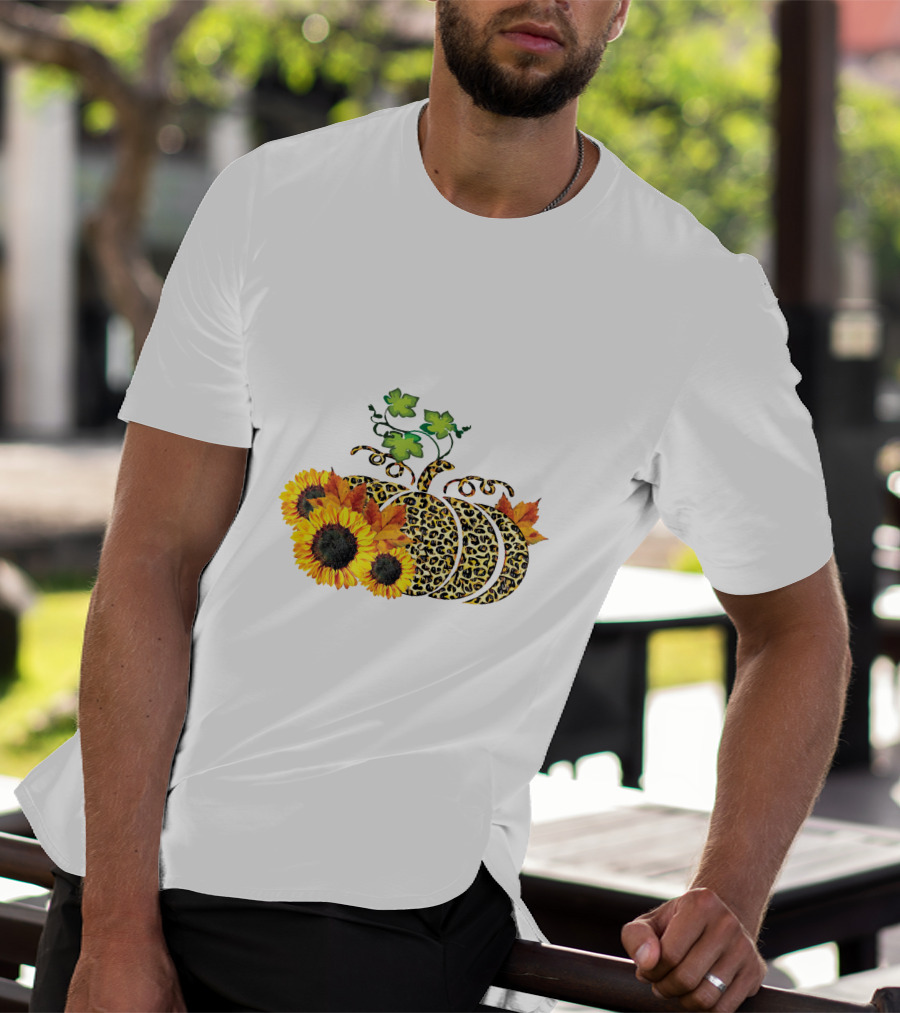 Thanksgiving Leopard Pumpkin Sunflowers And Leaves T-Shirt