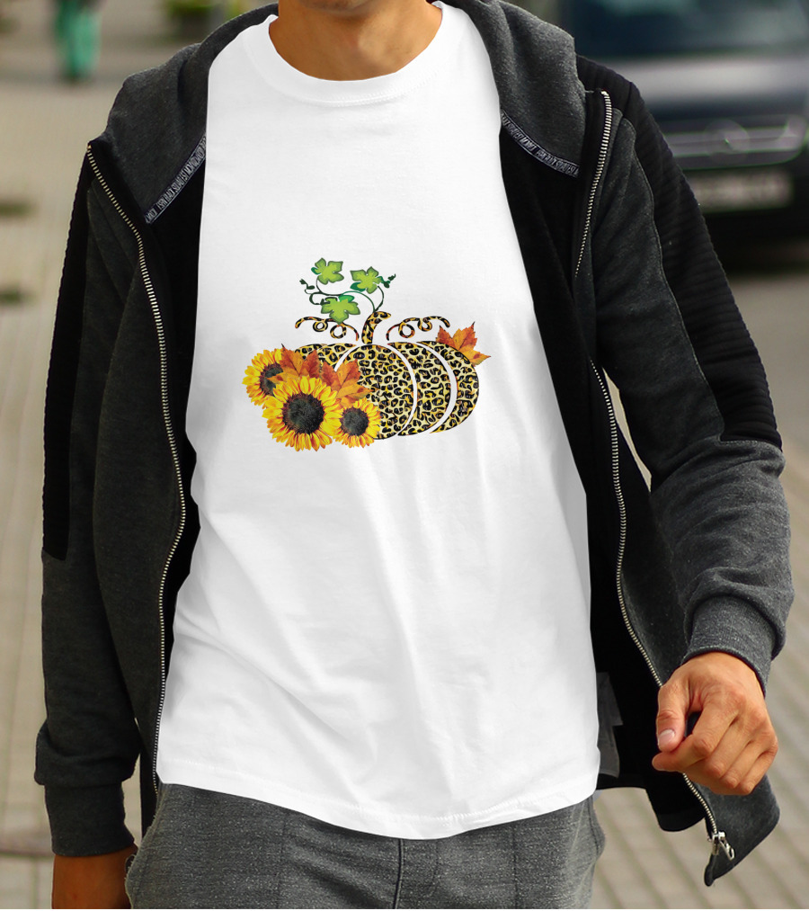 Thanksgiving Leopard Pumpkin Sunflowers And Leaves T-Shirt