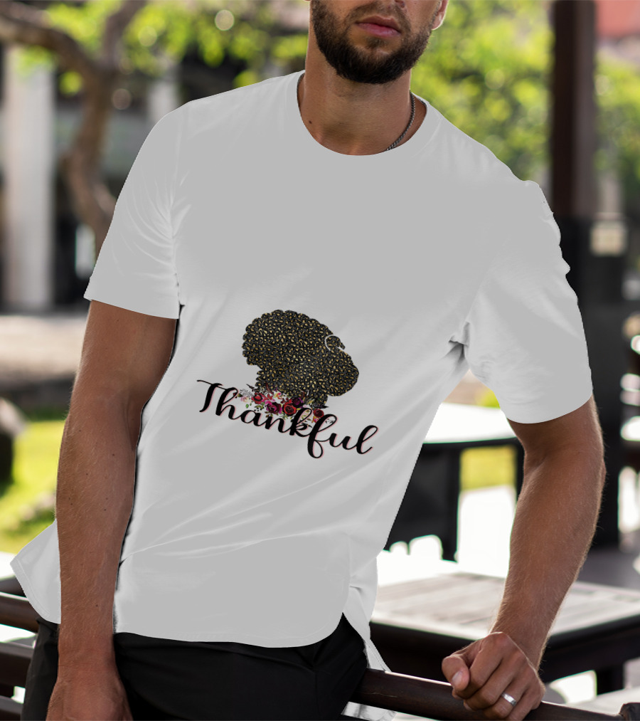 Thankful Leopard Print Turkey With Floral Accents T-Shirt