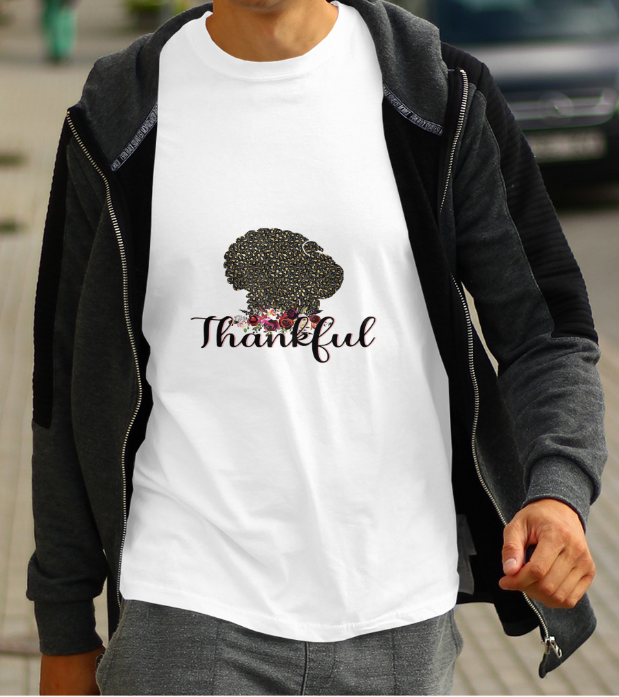 Thankful Leopard Print Turkey With Floral Accents T-Shirt