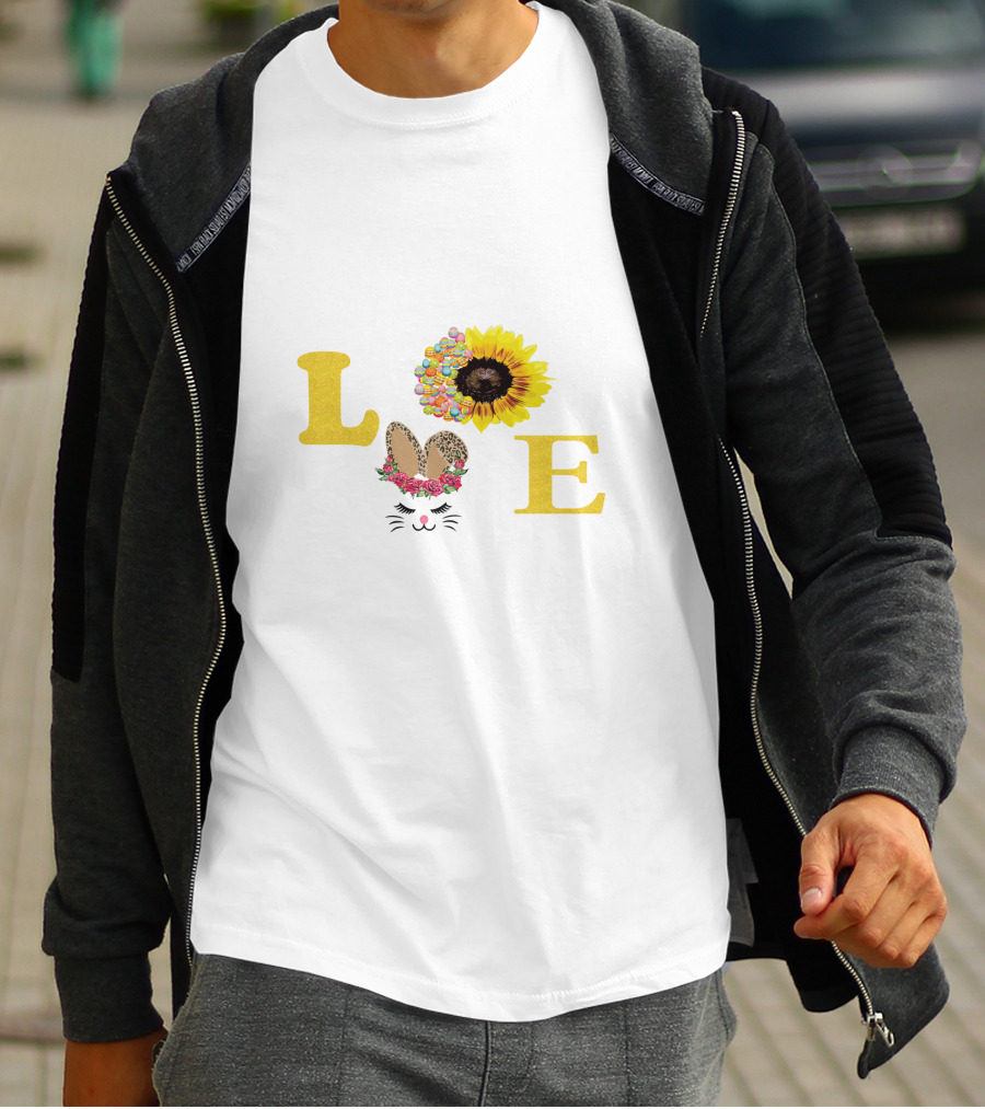 Love Sunflower Bunny With Floral Ears And Cheetah Print Bow T-Shirt