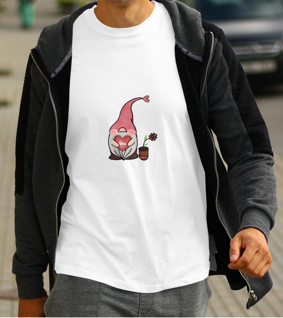 Love Heart Gnome With Flower Pot T-Shirt