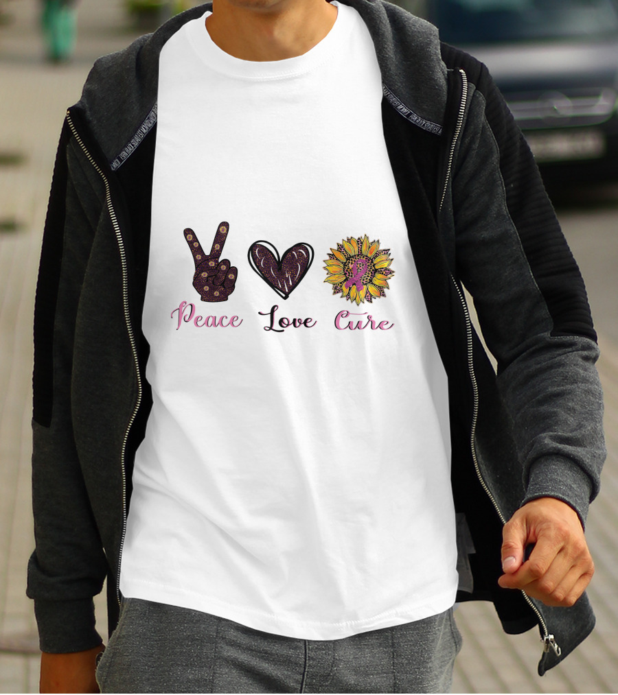 Peace Love Cure Breast Cancer Sunflower Heart And Peace Sign T-Shirt