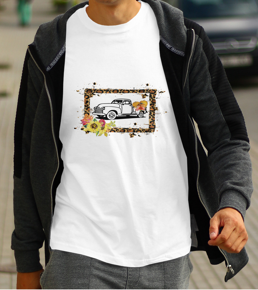 Truck With Pumpkins And Leopard Print Frame With Sunflowers T-Shirt