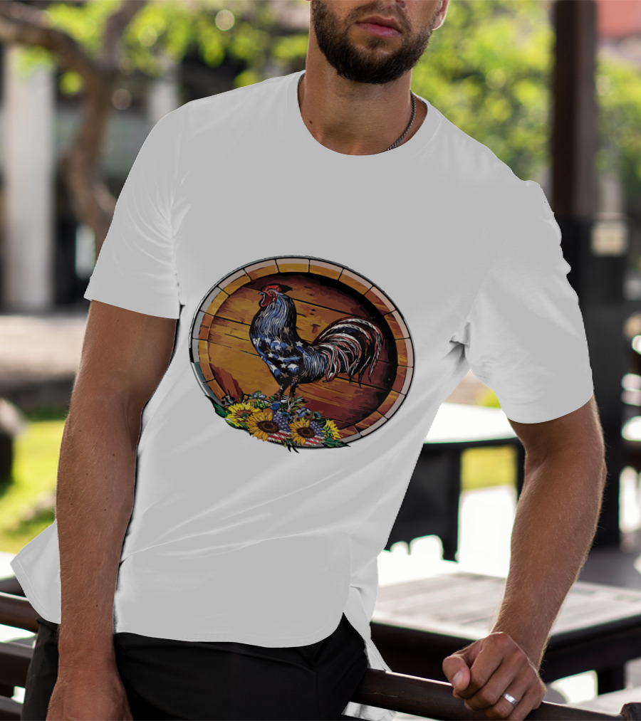 USA Rooster On Wine Barrel With Sunflowers T-Shirt