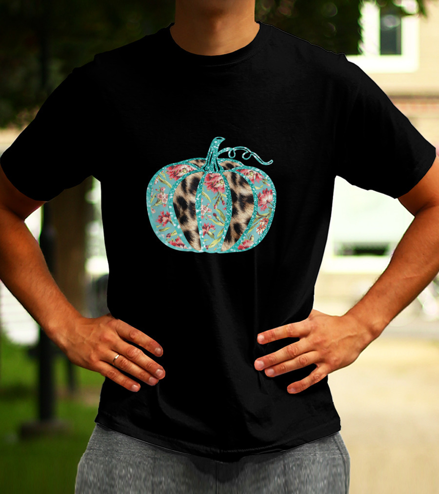 Turquoise Floral Leopard Pumpkin Thanksgiving T-Shirt