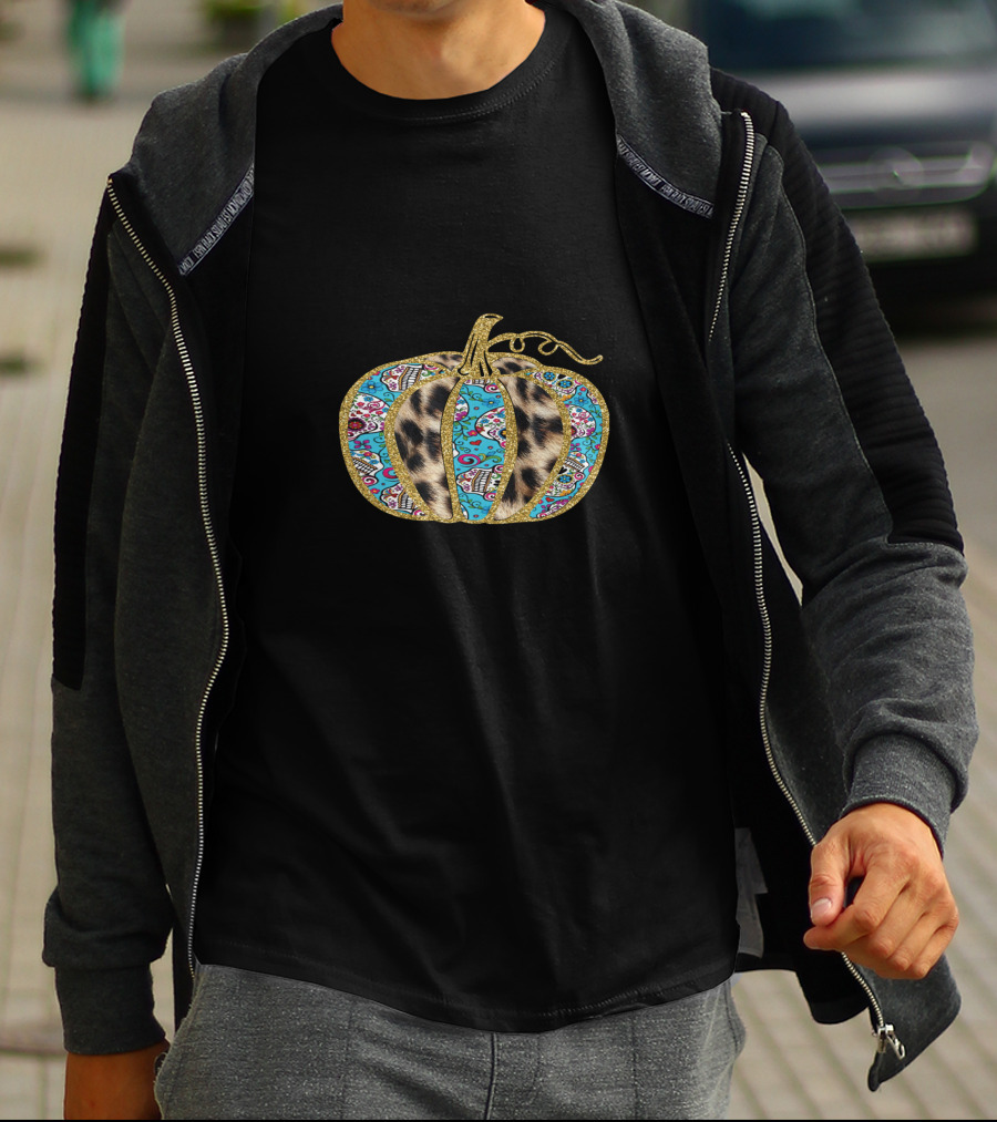 Leopard Turquoise Sugar Skull Pattern Pumpkin T-Shirt