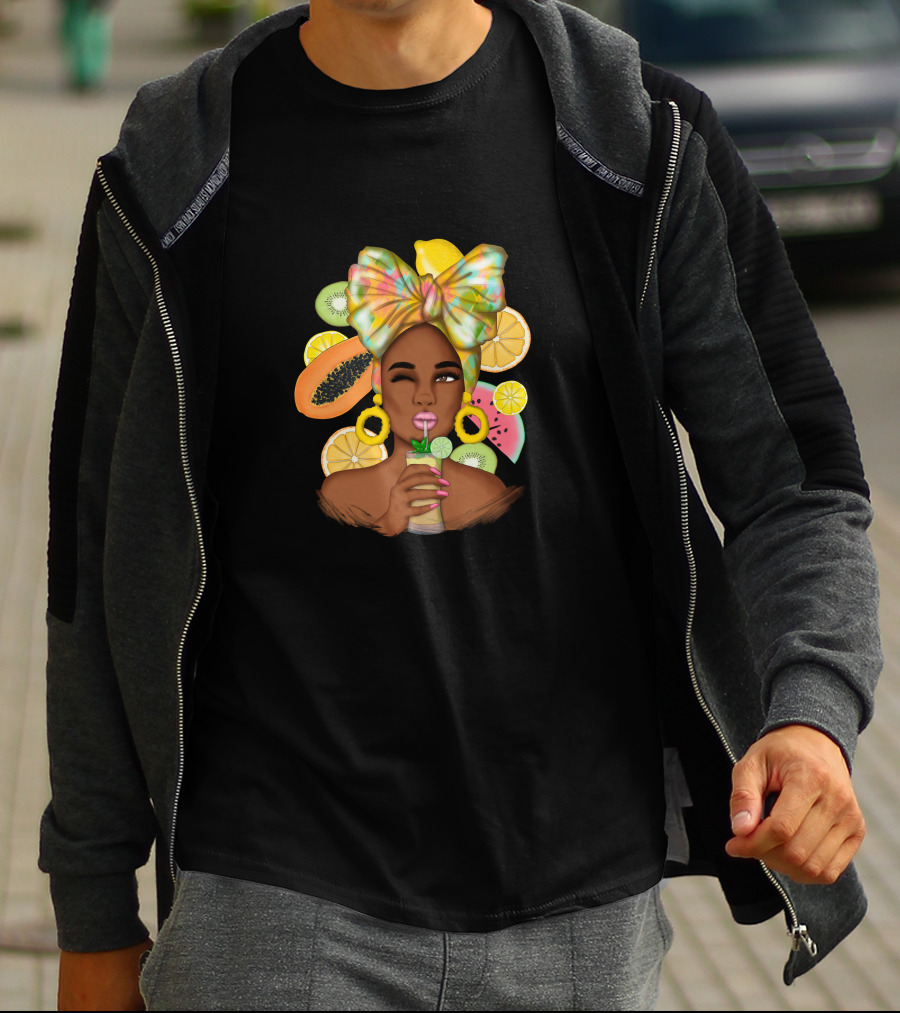 Fruit Design Afro Woman With Colorful Headwrap And Tropical Fruits T-Shirt