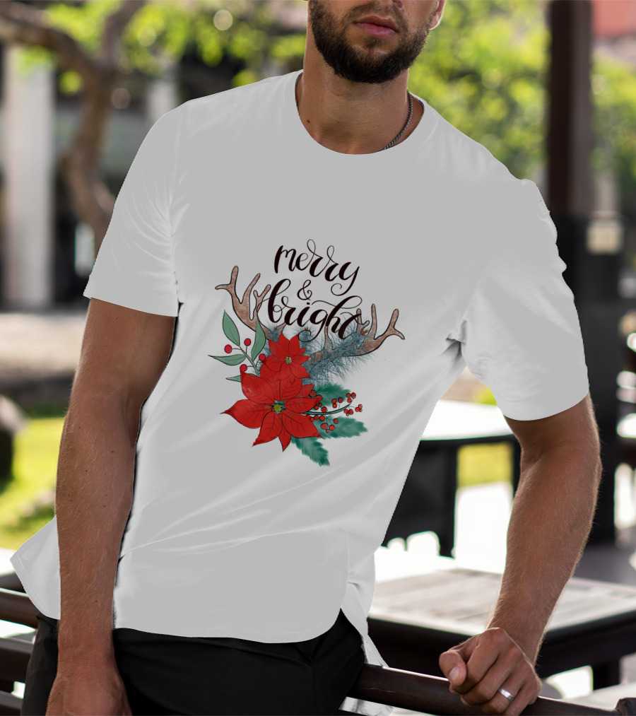 Merry And Bright Antler Poinsettia Christmas Florals T-Shirt