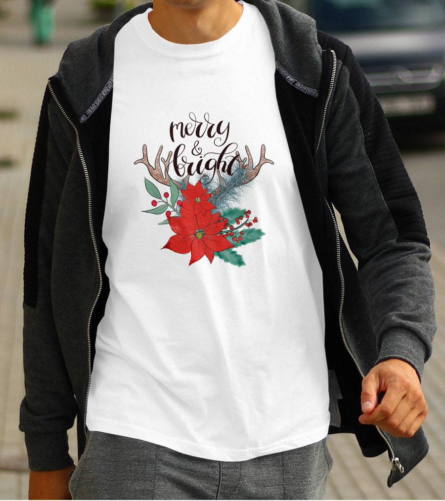 Merry And Bright Antler Poinsettia Christmas Florals T-Shirt