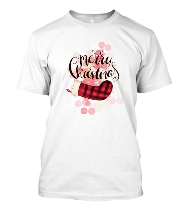 Merry Christmas Plaid Sock Pink Bubbles T-Shirt