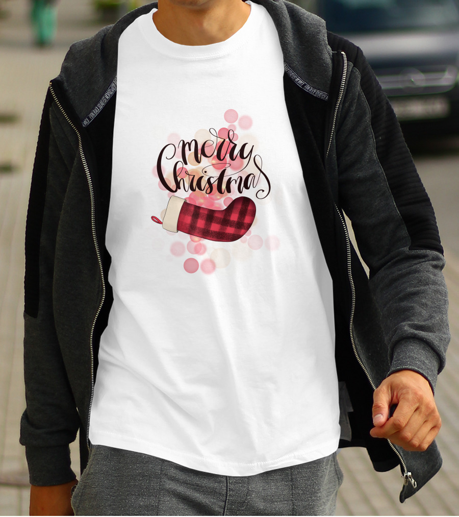 Merry Christmas Plaid Sock Pink Bubbles T-Shirt