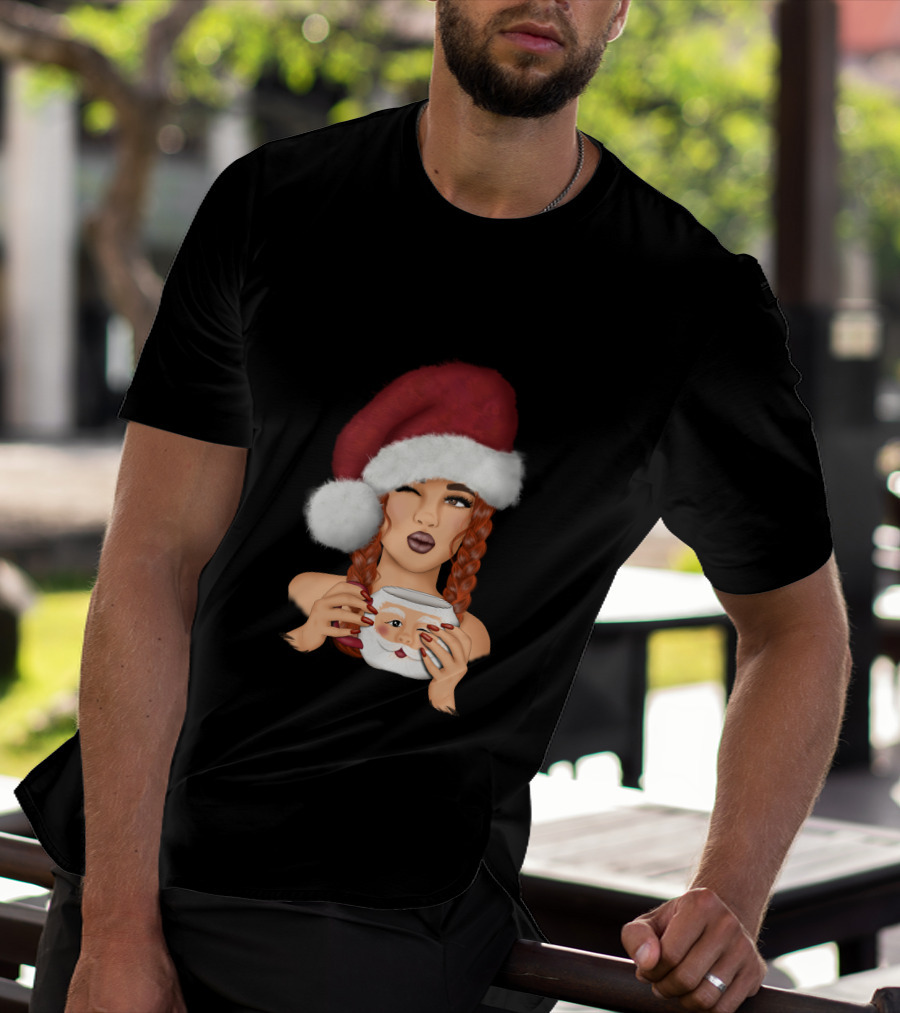 Christmas Red Hair Girl With Santa Hat And Santa Mug T-Shirt