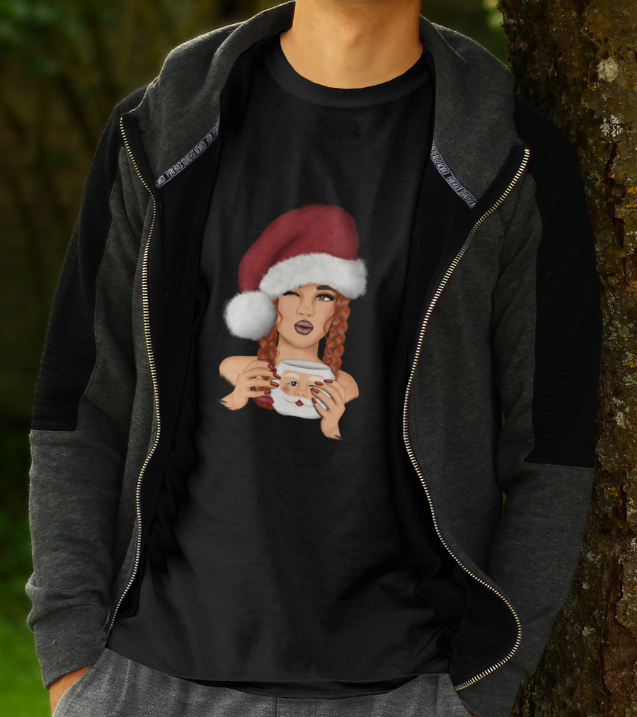 Christmas Red Hair Girl With Santa Hat And Santa Mug T-Shirt
