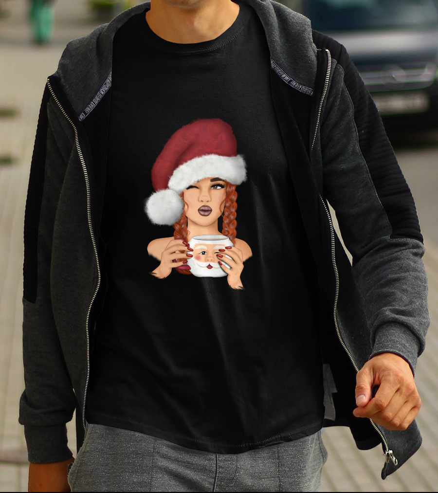 Christmas Red Hair Girl With Santa Hat And Santa Mug T-Shirt