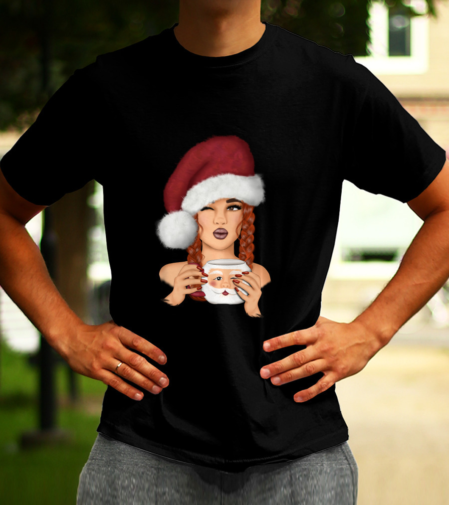 Christmas Red Hair Girl With Santa Hat And Santa Mug T-Shirt
