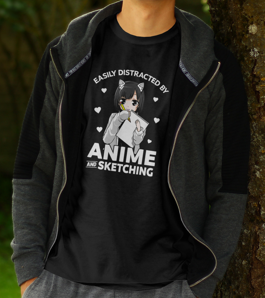 Easily Distracted By Anime And Sketching Cute Anime Girl With Sketchbook And Hearts T-Shirt
