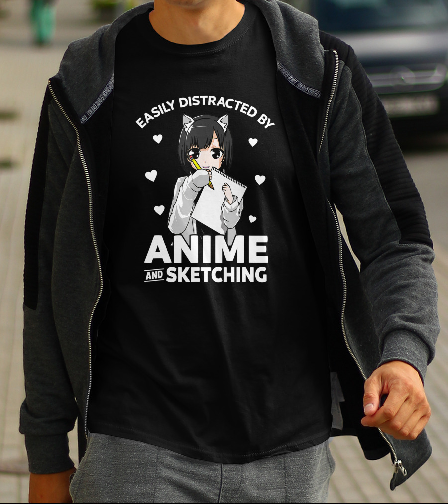 Easily Distracted By Anime And Sketching Cute Anime Girl With Sketchbook And Hearts T-Shirt