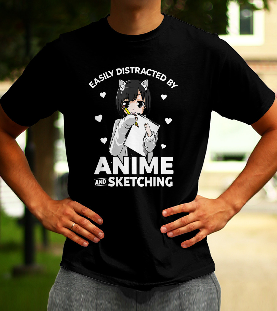 Easily Distracted By Anime And Sketching Cute Anime Girl With Sketchbook And Hearts T-Shirt