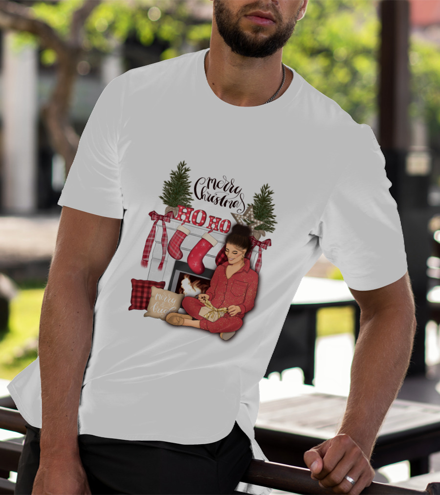 Merry Christmas Ho Ho Ho Girl By Fireplace With Stockings And Christmas Tree Decor T-Shirt