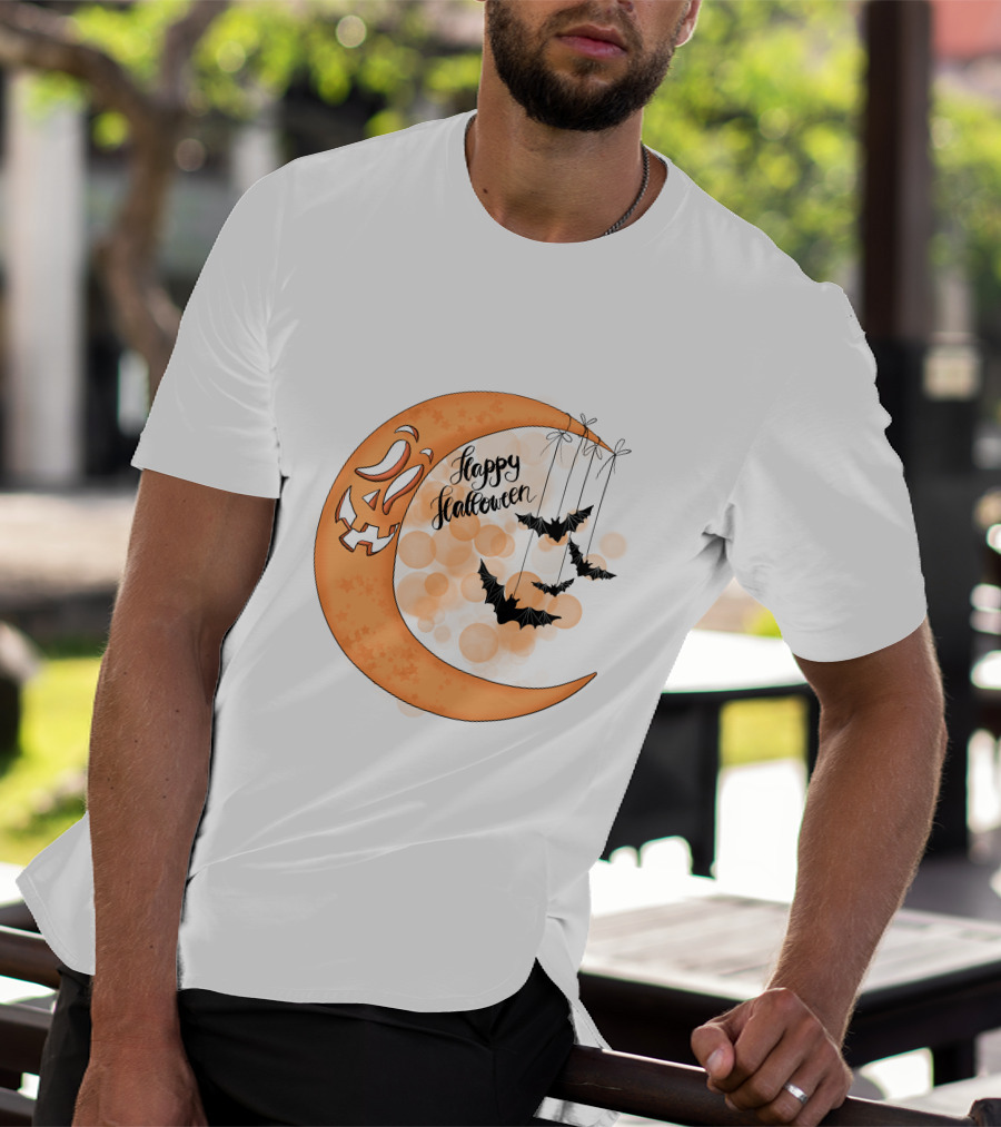 Happy Halloween Moon With Bats And Jack-O'-Lantern Face T-Shirt