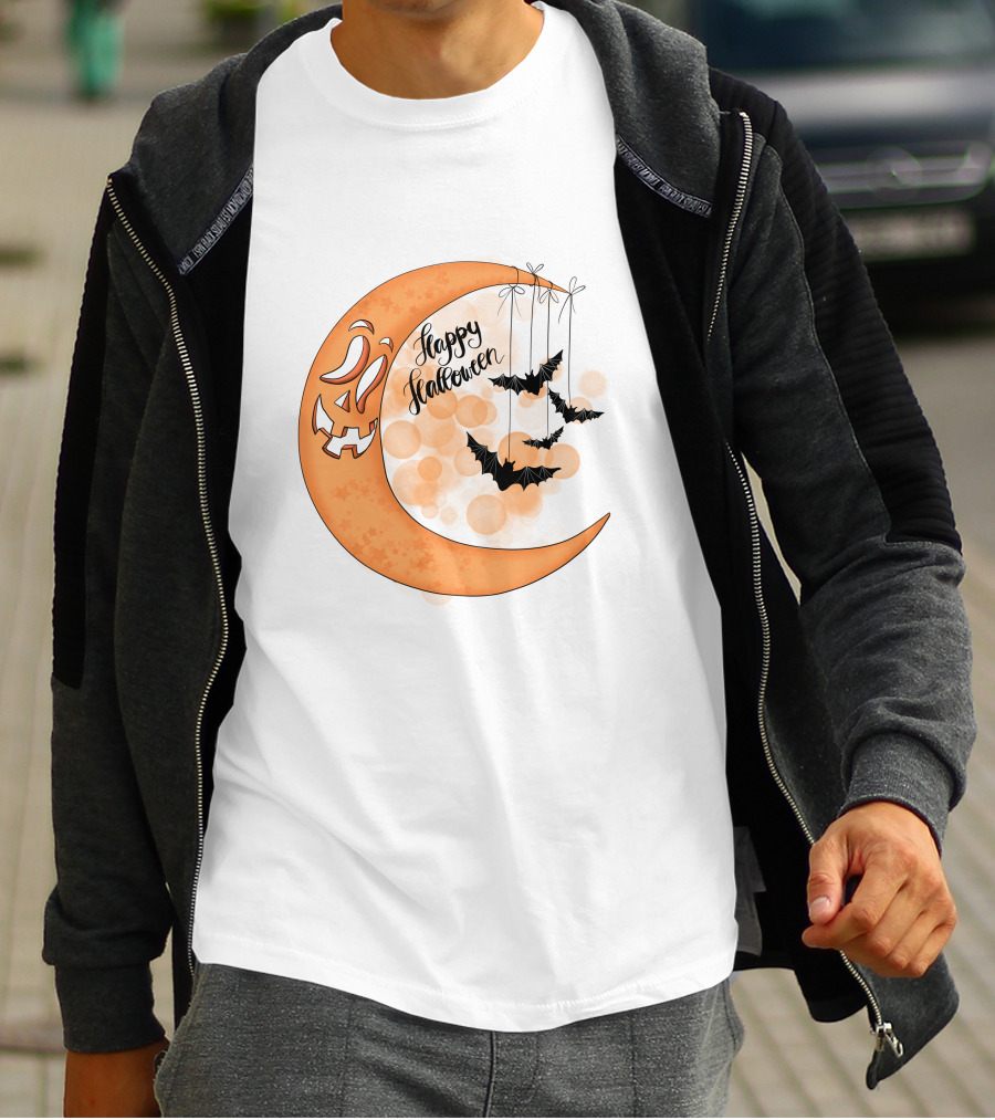 Happy Halloween Moon With Bats And Jack-O'-Lantern Face T-Shirt