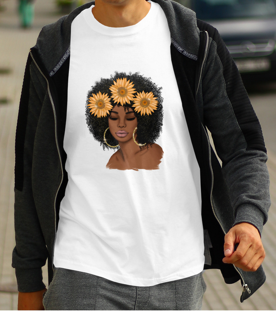 Afro Woman With Sunflowers And Hoop Earrings T-Shirt