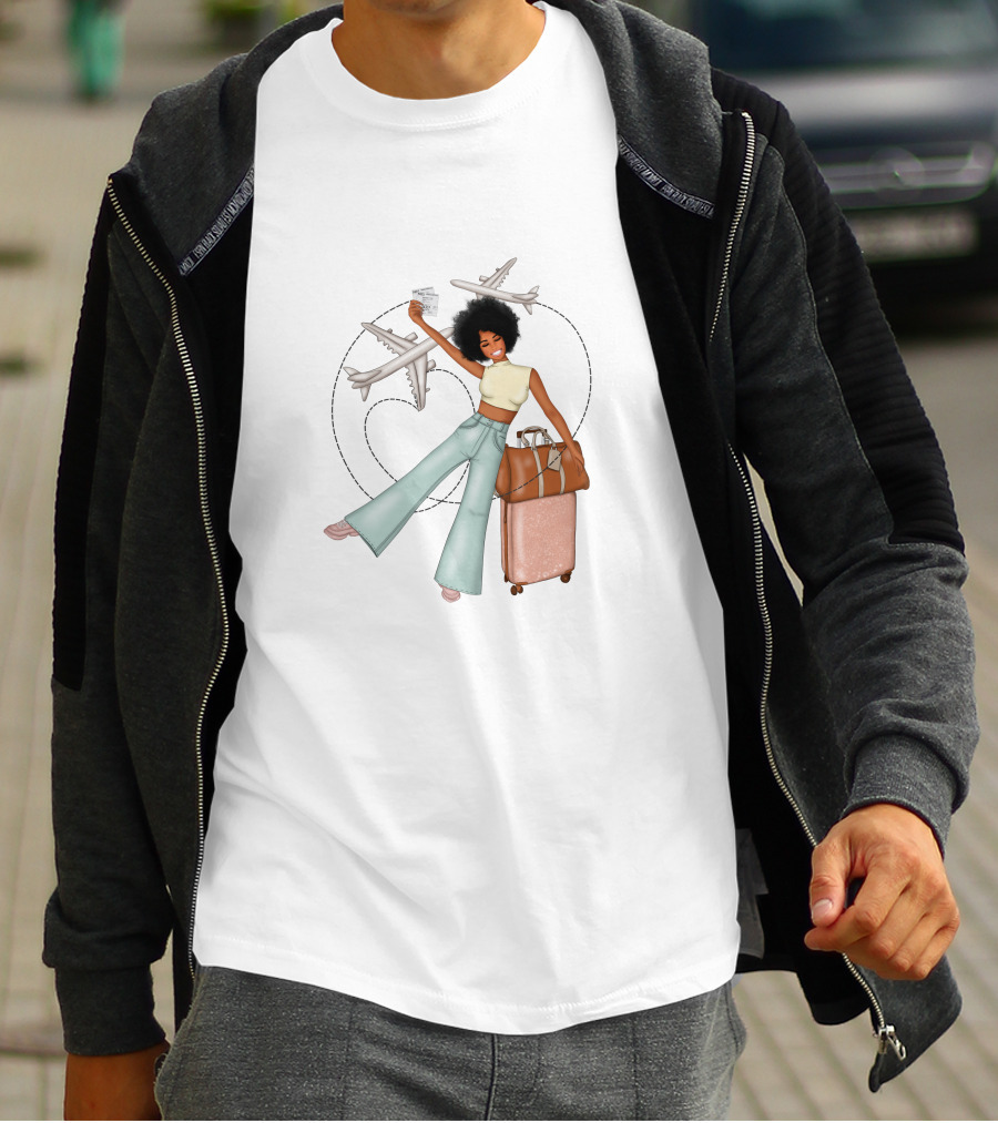 Traveling African American Girl With Suitcase And Airplanes T-Shirt