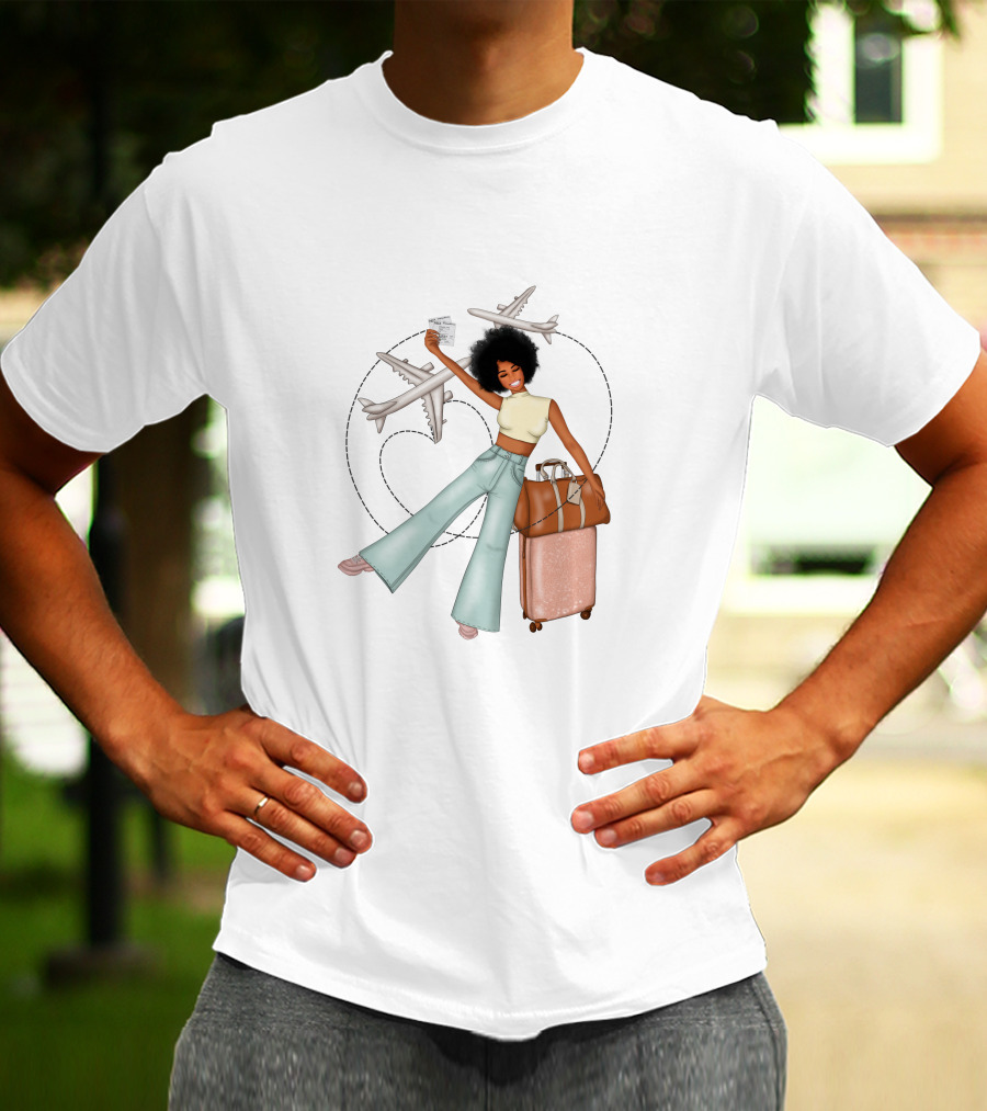 Traveling African American Girl With Suitcase And Airplanes T-Shirt