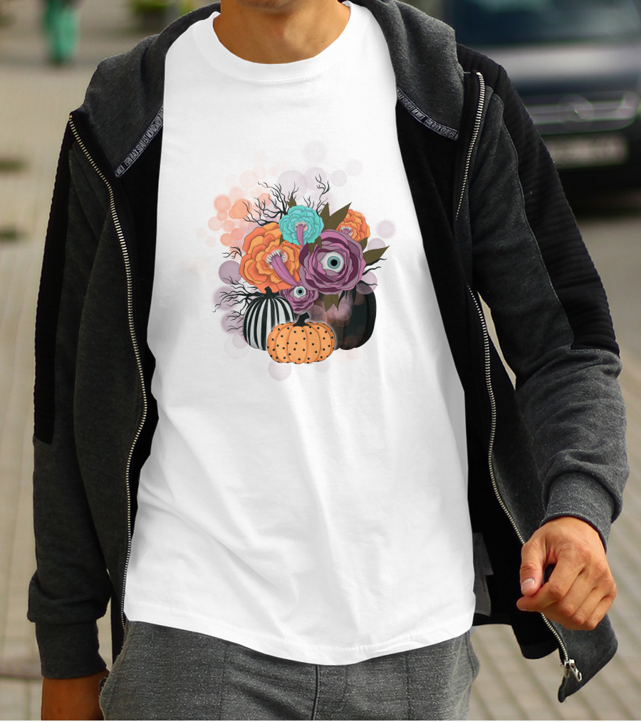 Whimsical Halloween Pumpkin Floral Arrangement With Eyeball Flowers T-Shirt