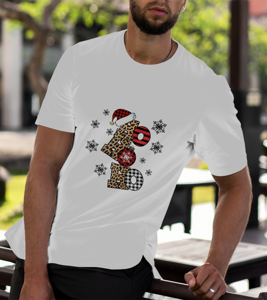 Ho Ho Ho Christmas Leopard Print Santa Snowflakes T-Shirt