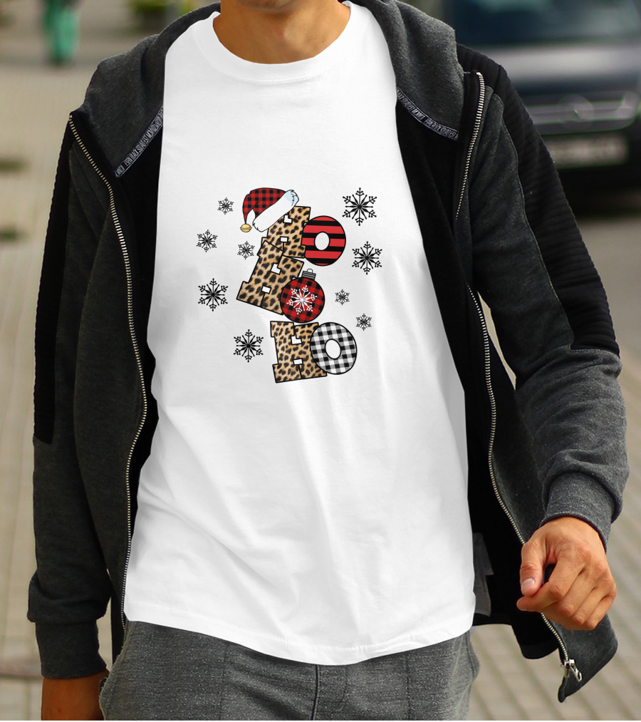 Ho Ho Ho Christmas Leopard Print Santa Snowflakes T-Shirt