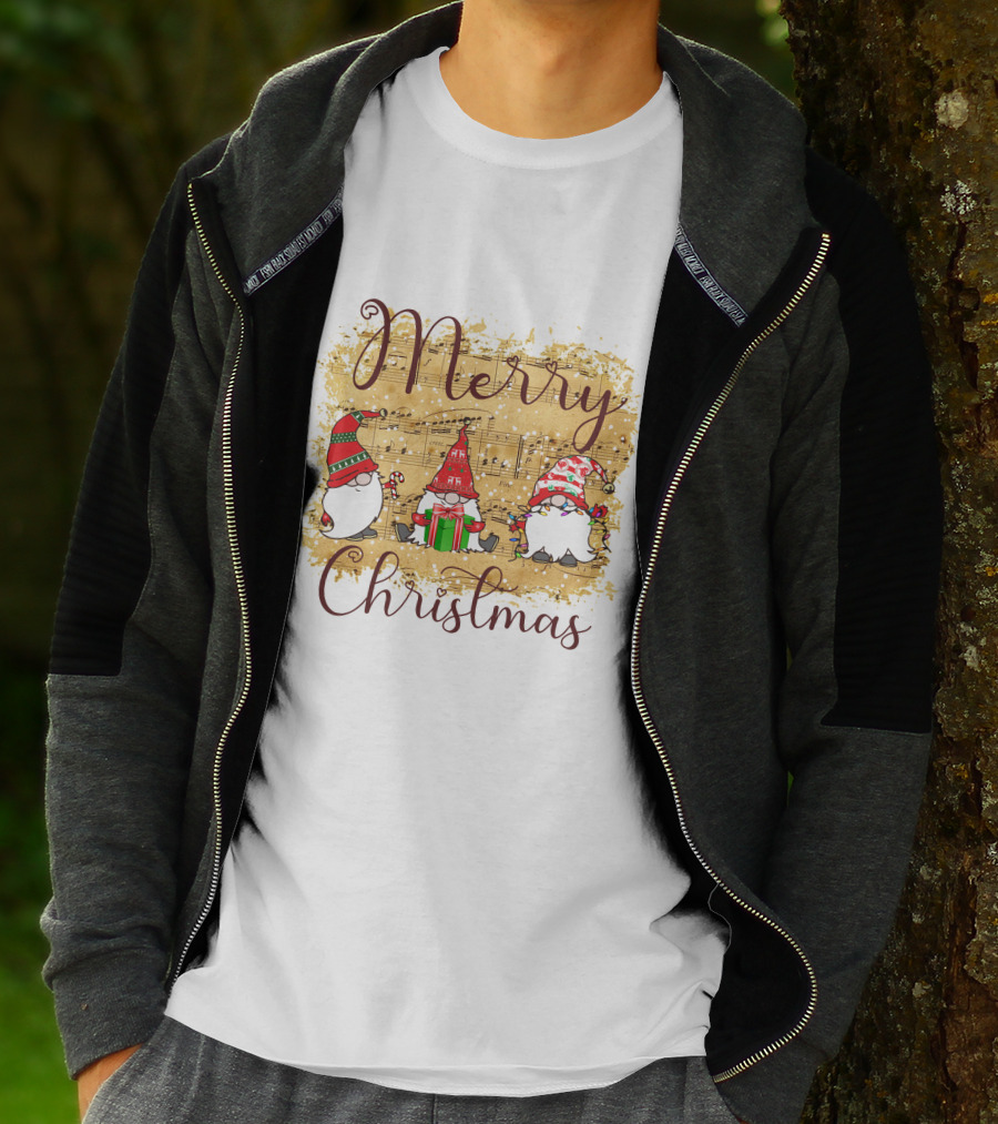 Merry Christmas Gnomies Holiday Music Sheet And Festive Gnomes T-Shirt