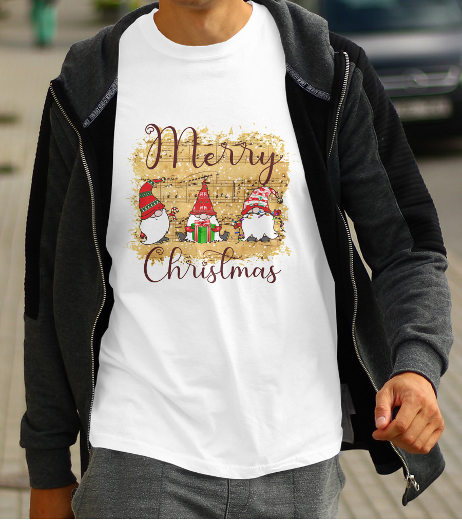 Merry Christmas Gnomies Holiday Music Sheet And Festive Gnomes T-Shirt