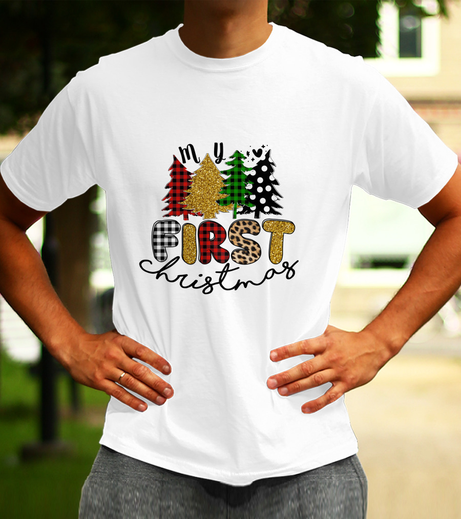 My First Christmas Plaid Glitter Trees Mixed T-Shirt