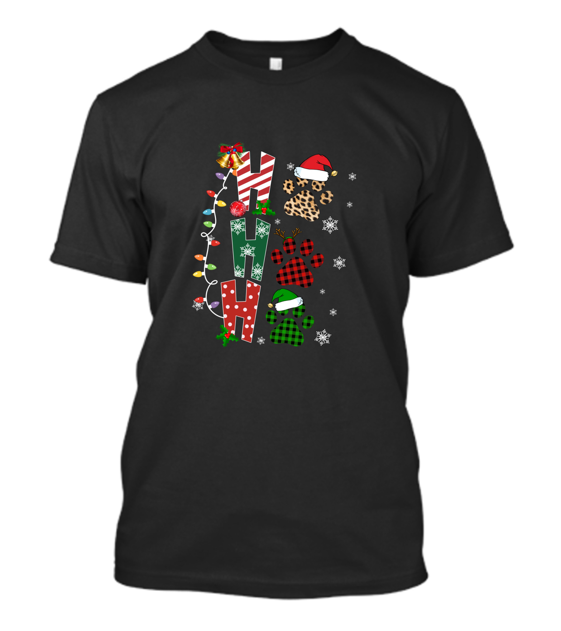Paws Ho Ho Ho Christmas Lights Santa Hat Leopard Red Green Buffalo Plaid Snowflakes T-Shirt