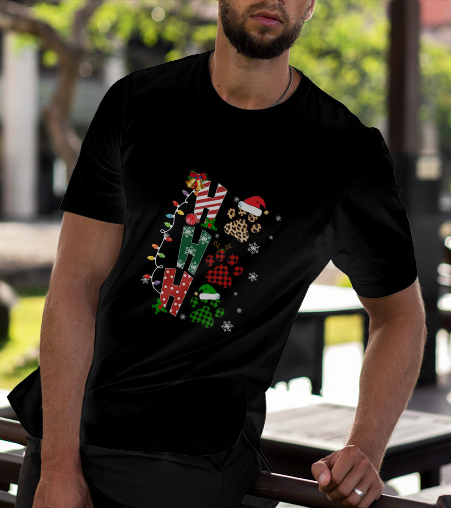 Paws Ho Ho Ho Christmas Lights Santa Hat Leopard Red Green Buffalo Plaid Snowflakes T-Shirt