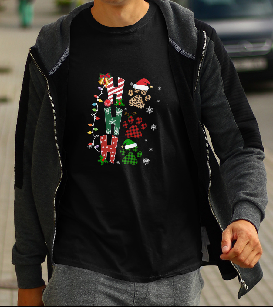 Paws Ho Ho Ho Christmas Lights Santa Hat Leopard Red Green Buffalo Plaid Snowflakes T-Shirt
